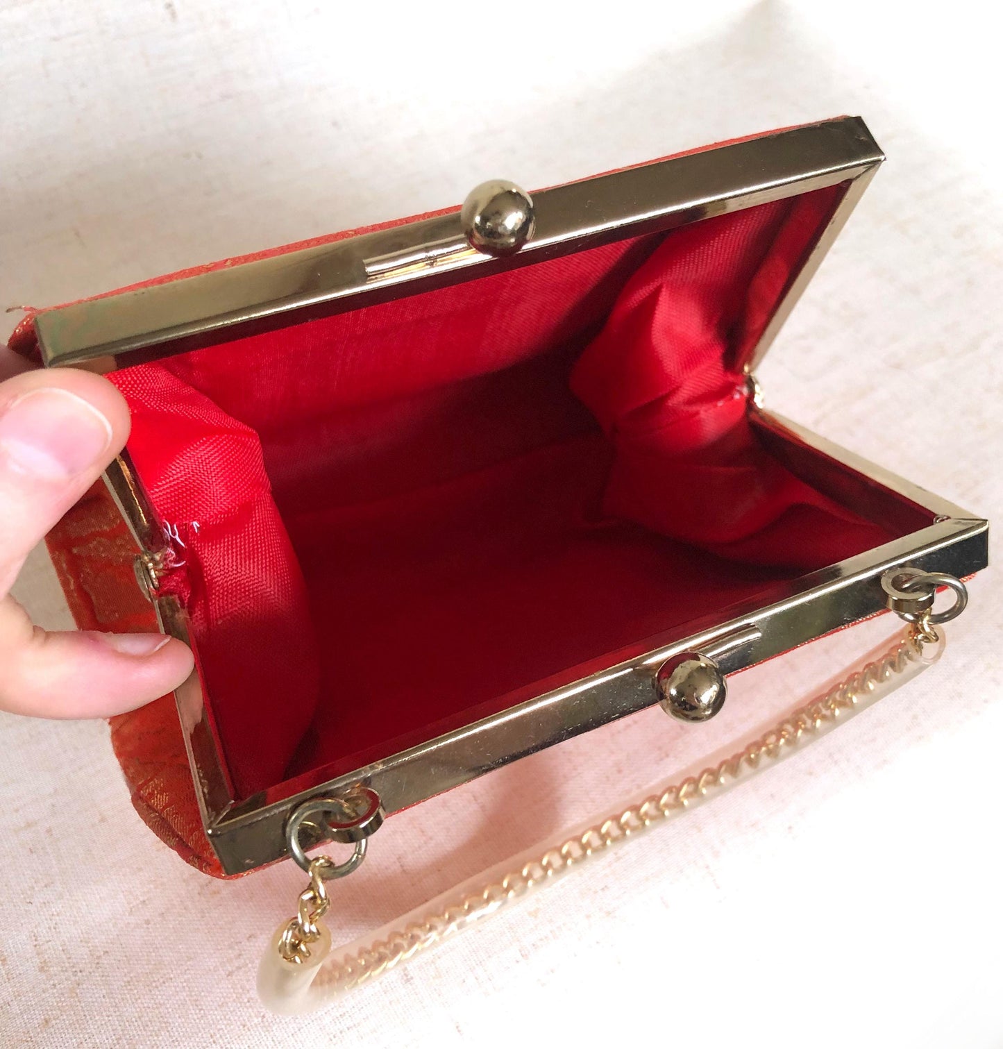 Vintage kimono handbag for children - red with pastel kamon pattern