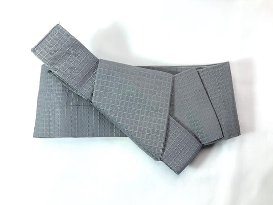 Instant narrow kaku obi set - light gray obi and navy kinchaku bag