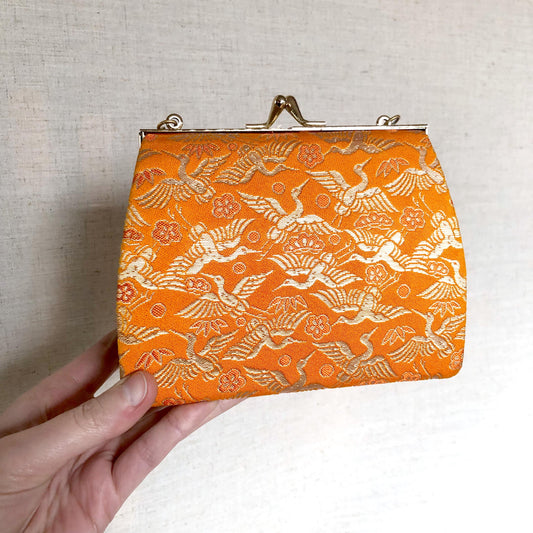 Vintage kimono handbag for children - vivid orange with crane birds pattern