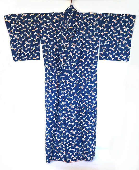 Vintage kimono - sea blue with colorful ribbons pattern