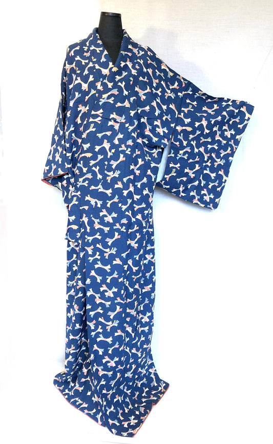 Vintage kimono - sea blue with colorful ribbons pattern
