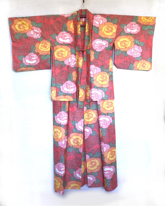 Cute kimono set - casual kimono and a matching haori - coral pink with roses