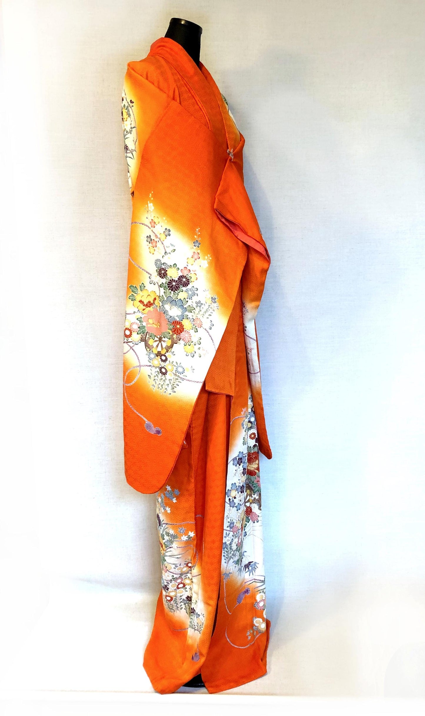 Long sleeve kimono furisode - vivid orange with colorful flower baskets