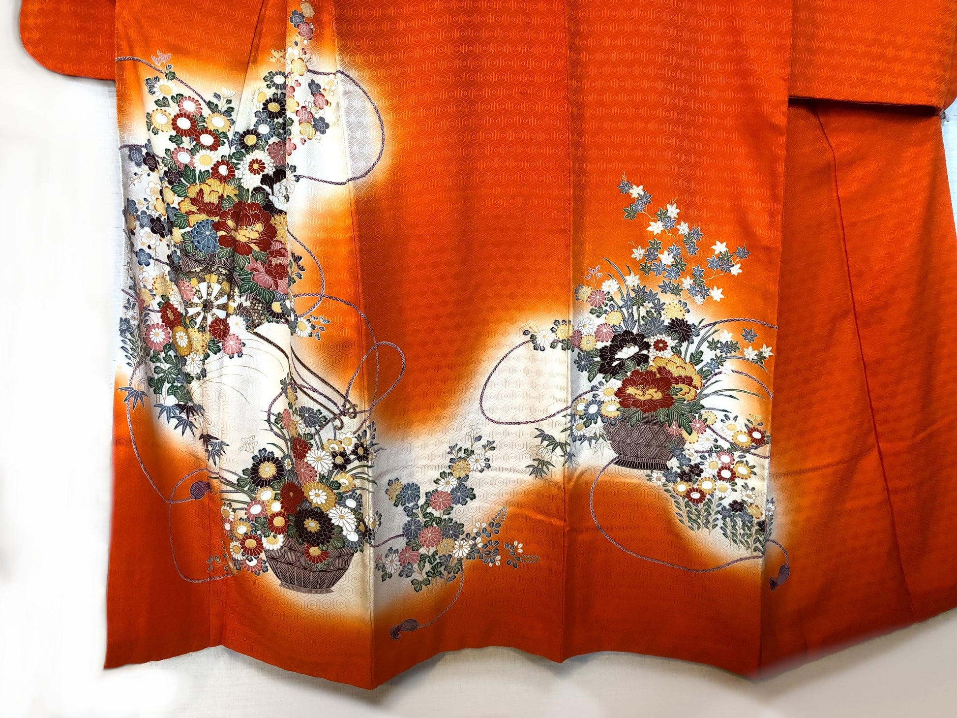 Long sleeve kimono furisode - vivid orange with colorful flower baskets
