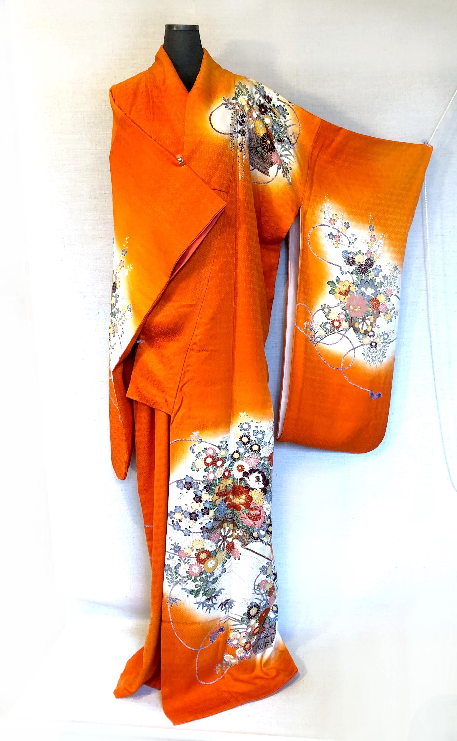 Long sleeve kimono furisode - vivid orange with colorful flower baskets