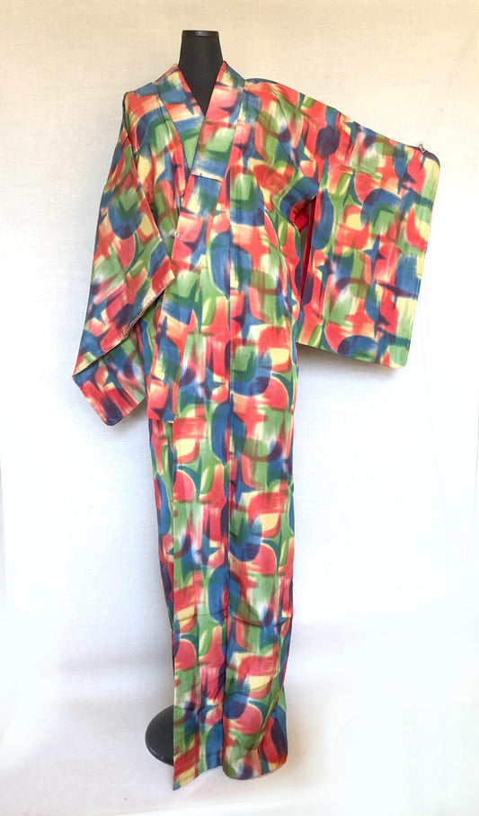 Vintage silk kimono - bright and colorful with star pattern