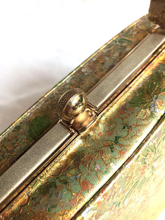 Vintage kimono handbag - golden orchids with holographic foil