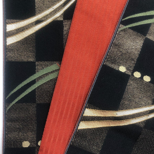Reversible Japanese hanhaba obi - black and red with abstract pattern