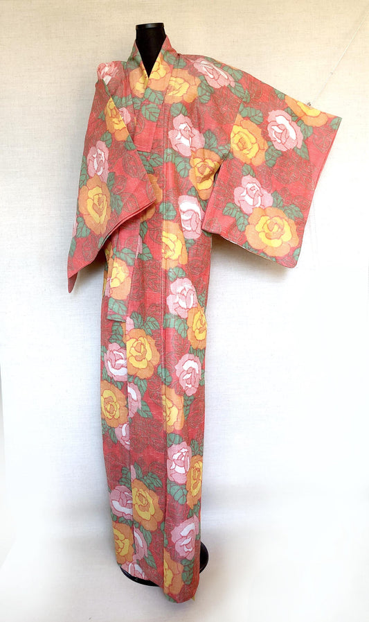 Cute kimono set - casual kimono and a matching haori - coral pink with roses