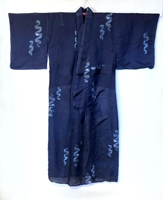 Vintage Japanese summer kimono - see through dark blue with light blue ribbons pattern