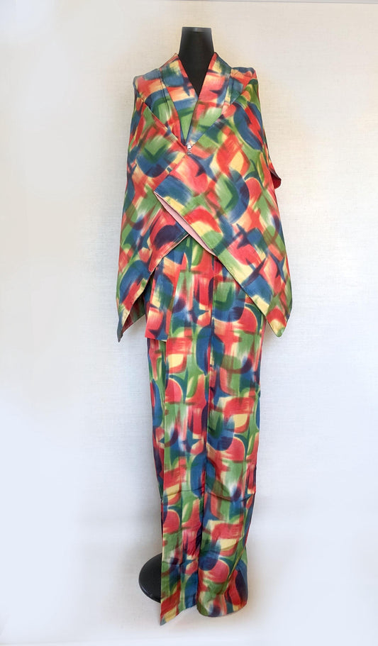 Vintage silk kimono - bright and colorful with star pattern