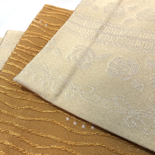 Reversible Japanese hanhaba obi - sparkly light yellow and ochre roses