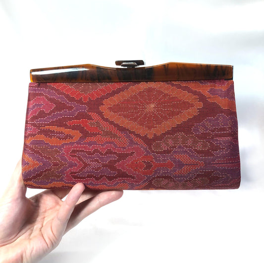 Vintage kimono handbag Ooshima tsumugi - red silk taffeta with abstract pattern