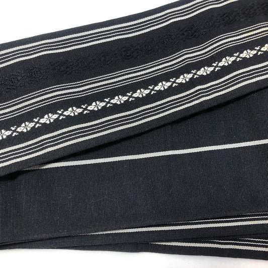 Vintage narrow kaku obi - black hakata ori (silk)