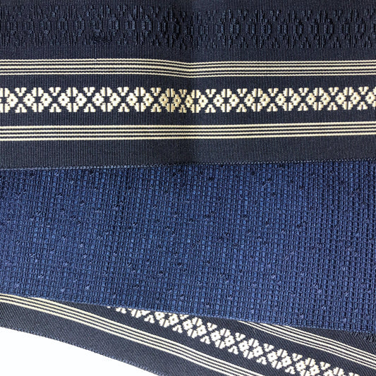 Vintage narrow kaku obi - reversible navy blue hakata ori
