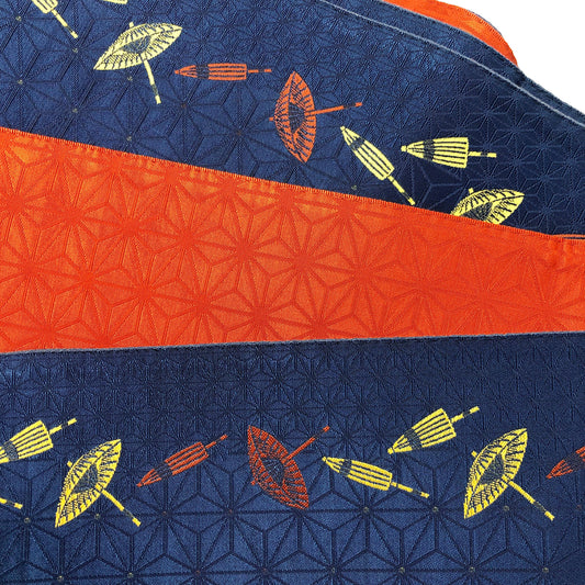 Reversible Japanese hanhaba obi - red and blue with tiny umbrellas pattern