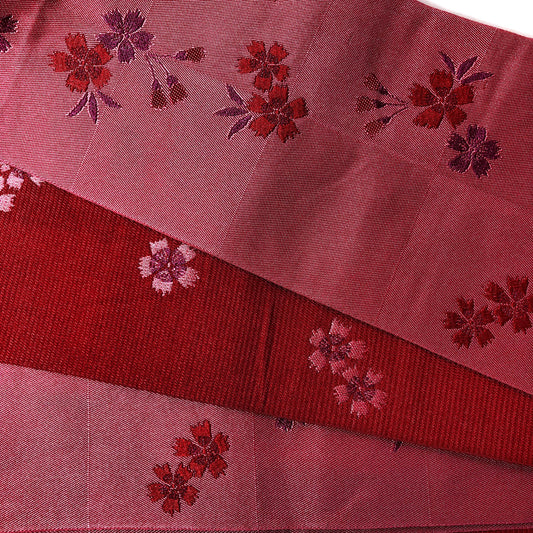 Reversible Japanese hanhaba obi - bright pink and red carnation flowers