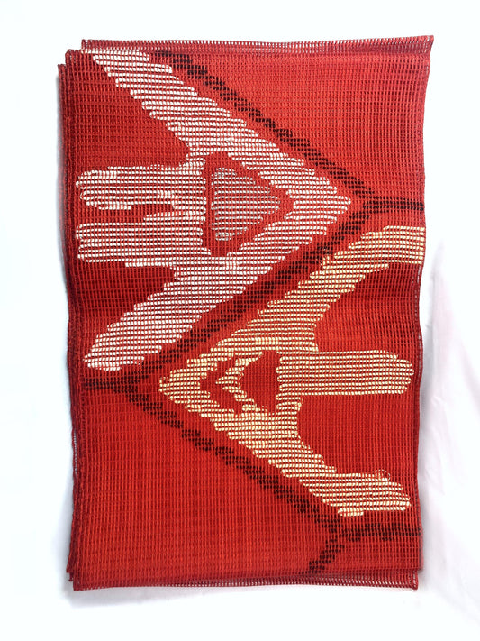 Japanese summer obi - vivid red wide mesh with abstract pattern
