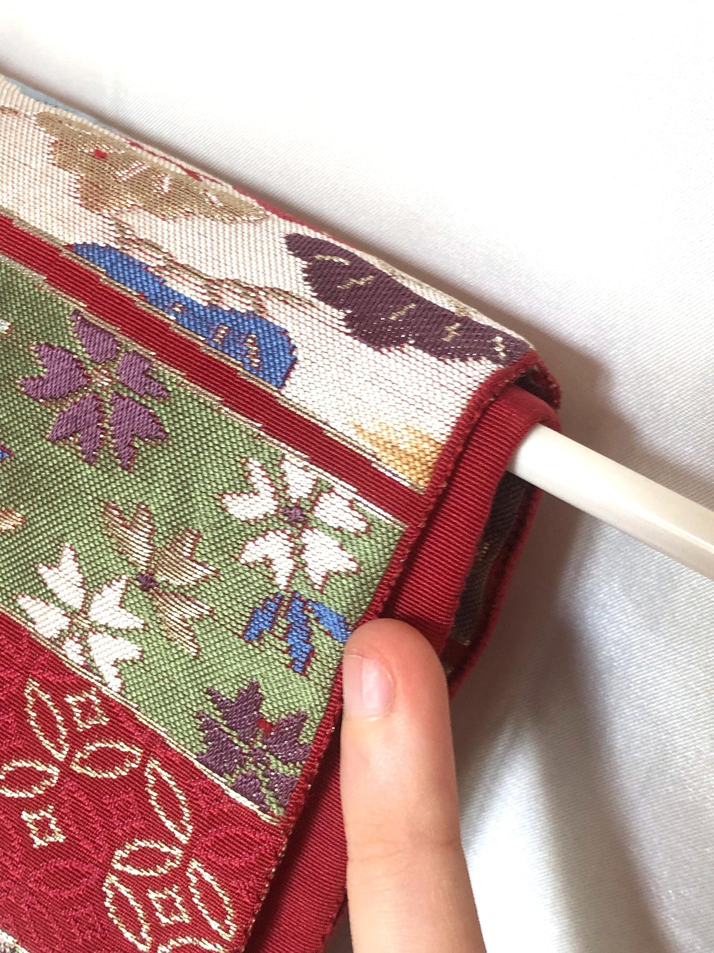 Vintage Nagoya obi - wine red jacquard with various foliage patterns (B grade)