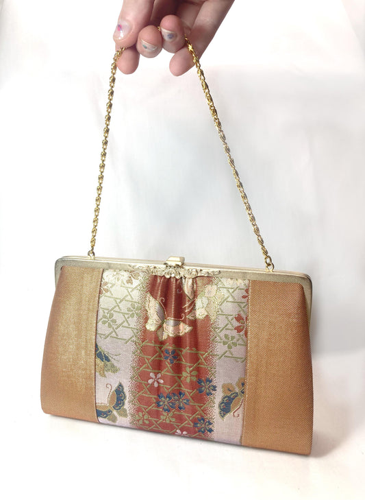 Vintage kimono handbag - two-way red brocade with butterflies