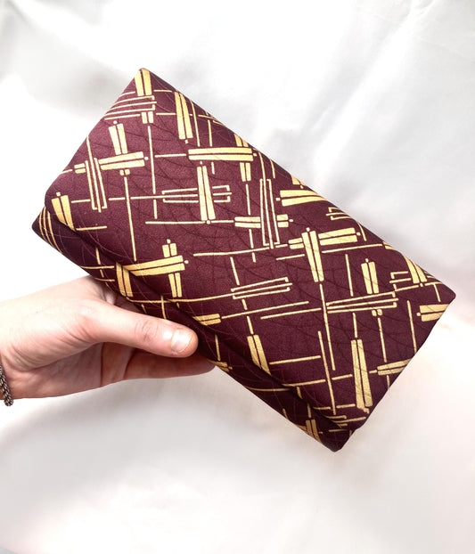 Vintage kimono clutch handbag - deep purple with hand fan pattern