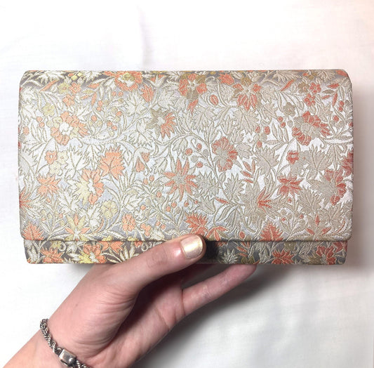 Vintage kimono clutch handbag - gold, silver, and salmon pink brocade ”Kawashima Orimono"