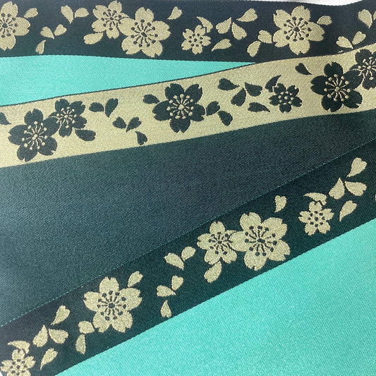 Cute Japanese hanhaba obi - emerald and black with golden sakura flowers