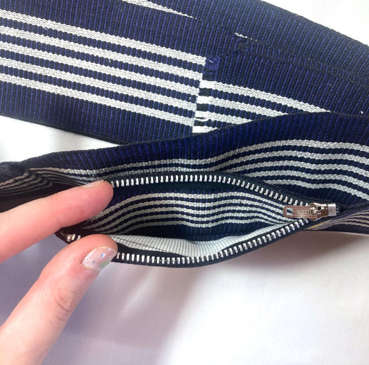 Japanese narrow tanzen obi - rugged blue and white, with a small pocket