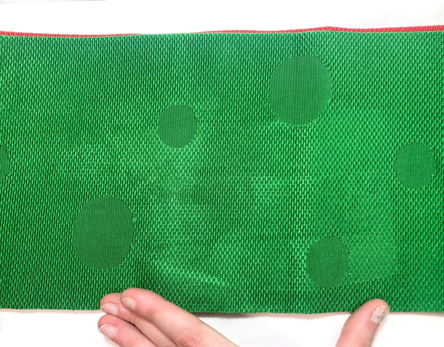 Reversible Japanese hanhaba obi - vivid red and green polka dots