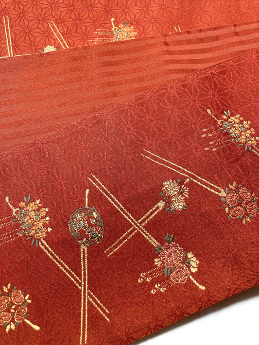 Elegant Japanese hanhaba obi - terracota orange with golden kanzashi pattern