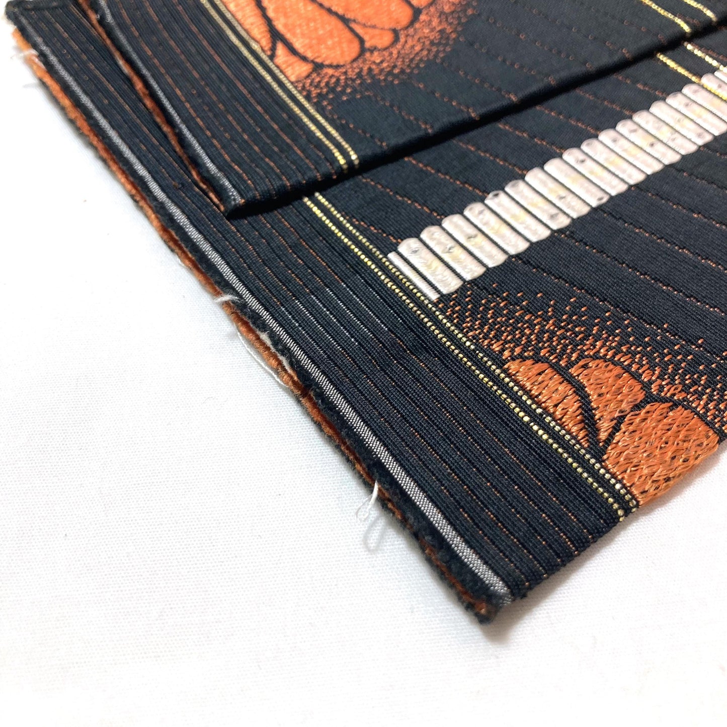 Reversible Japanese hanhaba obi - black with copper chrysanthemum flowers