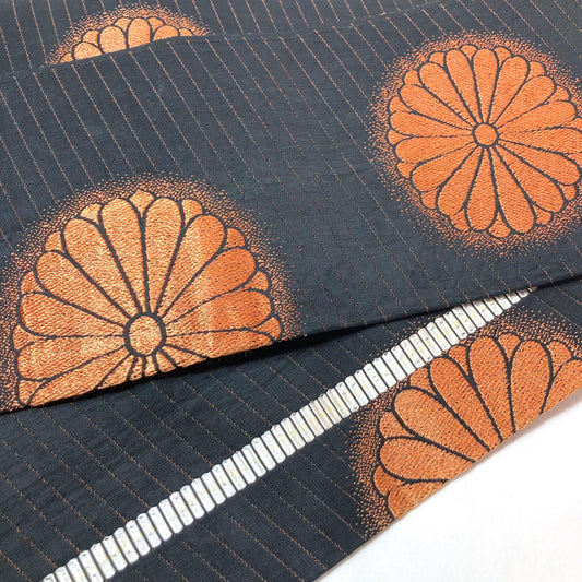 Reversible Japanese hanhaba obi - black with copper chrysanthemum flowers