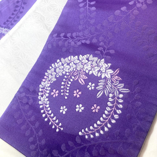 Reversible Japanese hanhaba obi - light purple and white with wisteria pattern