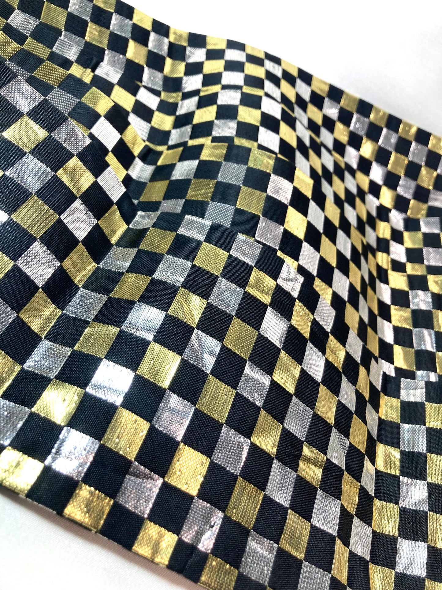 Bold Japanese narrow obi - black, golden, and silver checkers - obi for dancing