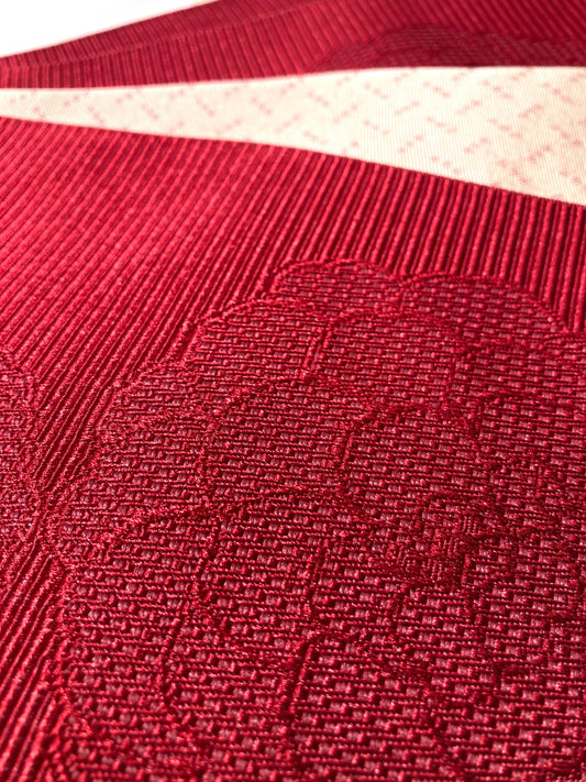 Reversible Japanese hanhaba obi - red peonies and light beige - new with tags