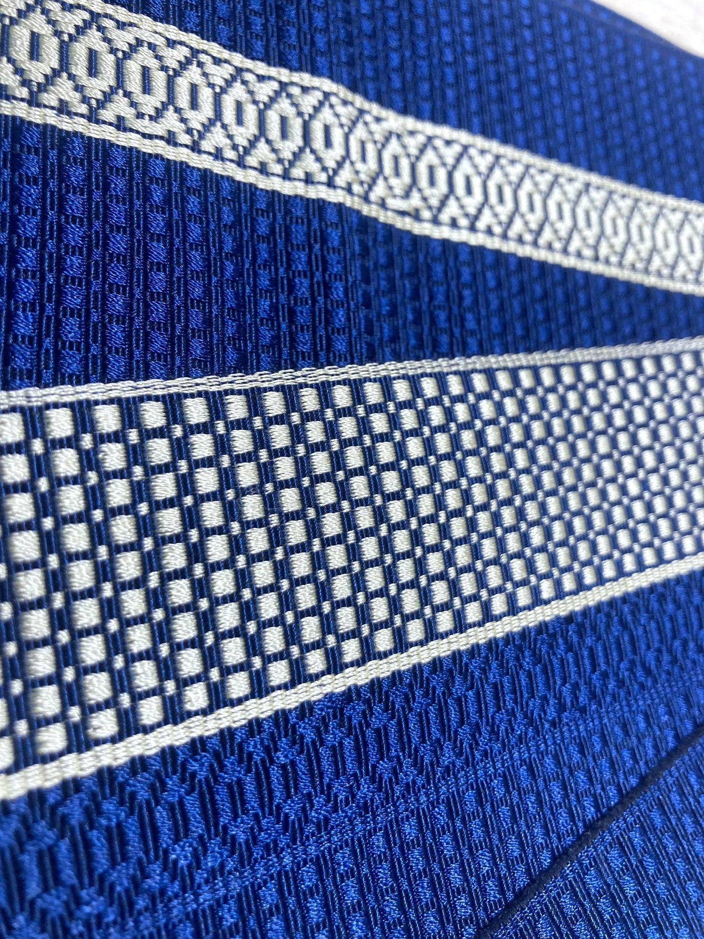 Vintage narrow kaku obi - reversible navy blue with geometric pattern