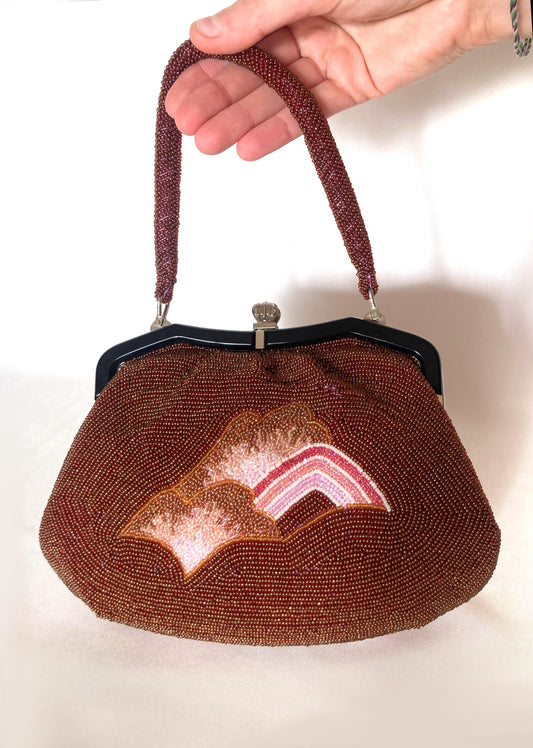 Vintage kimono handbag - beaded brown and pink mountains