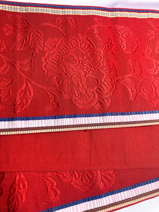 Elegant Japanese hanhaba obi - silk jacquard - red with floral pattern