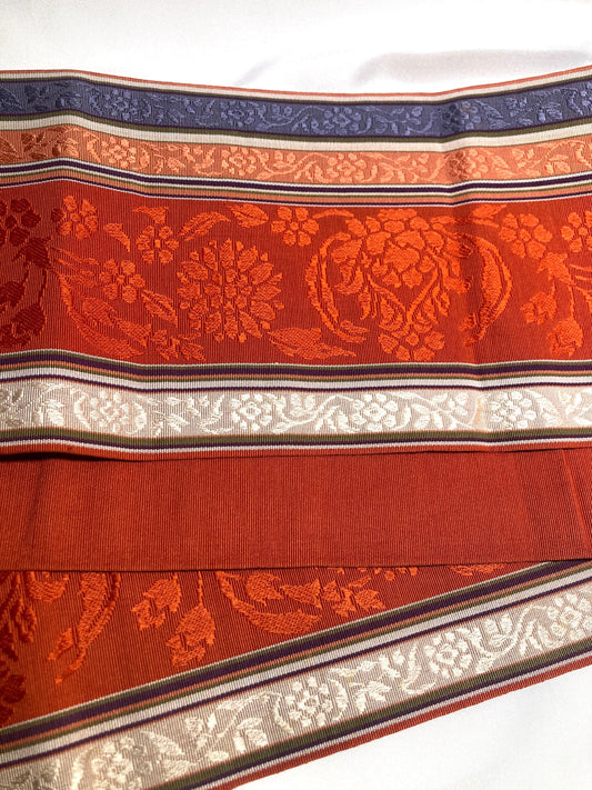 Elegant Japanese hanhaba obi - silk jacquard - red, purple, and beige with floral pattern (B grade)