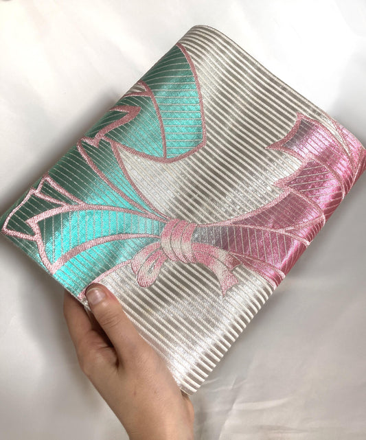 Vintage fukuro obi- silver and rainbow ribbons