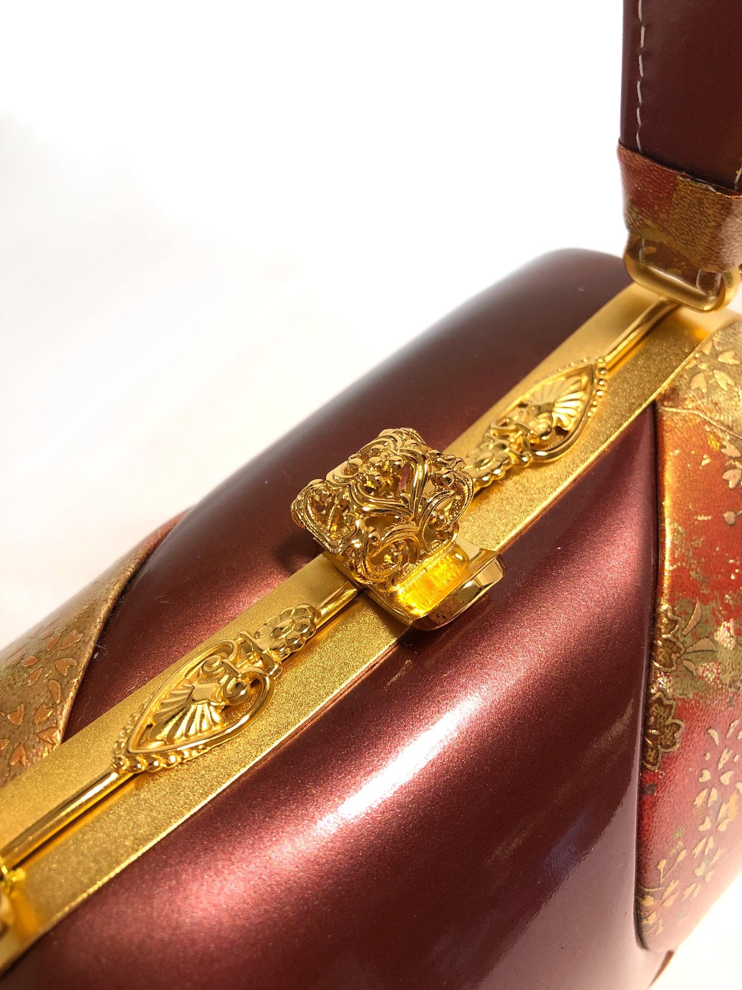 Vintage kimono handbag - red and copper patent leather with sakura pattern