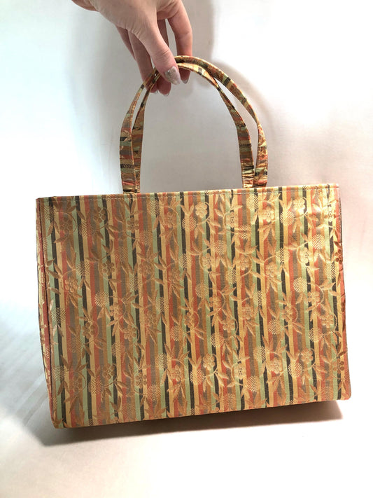 Vintage kimono handbag - colorful stripes with golden foliage - medium size