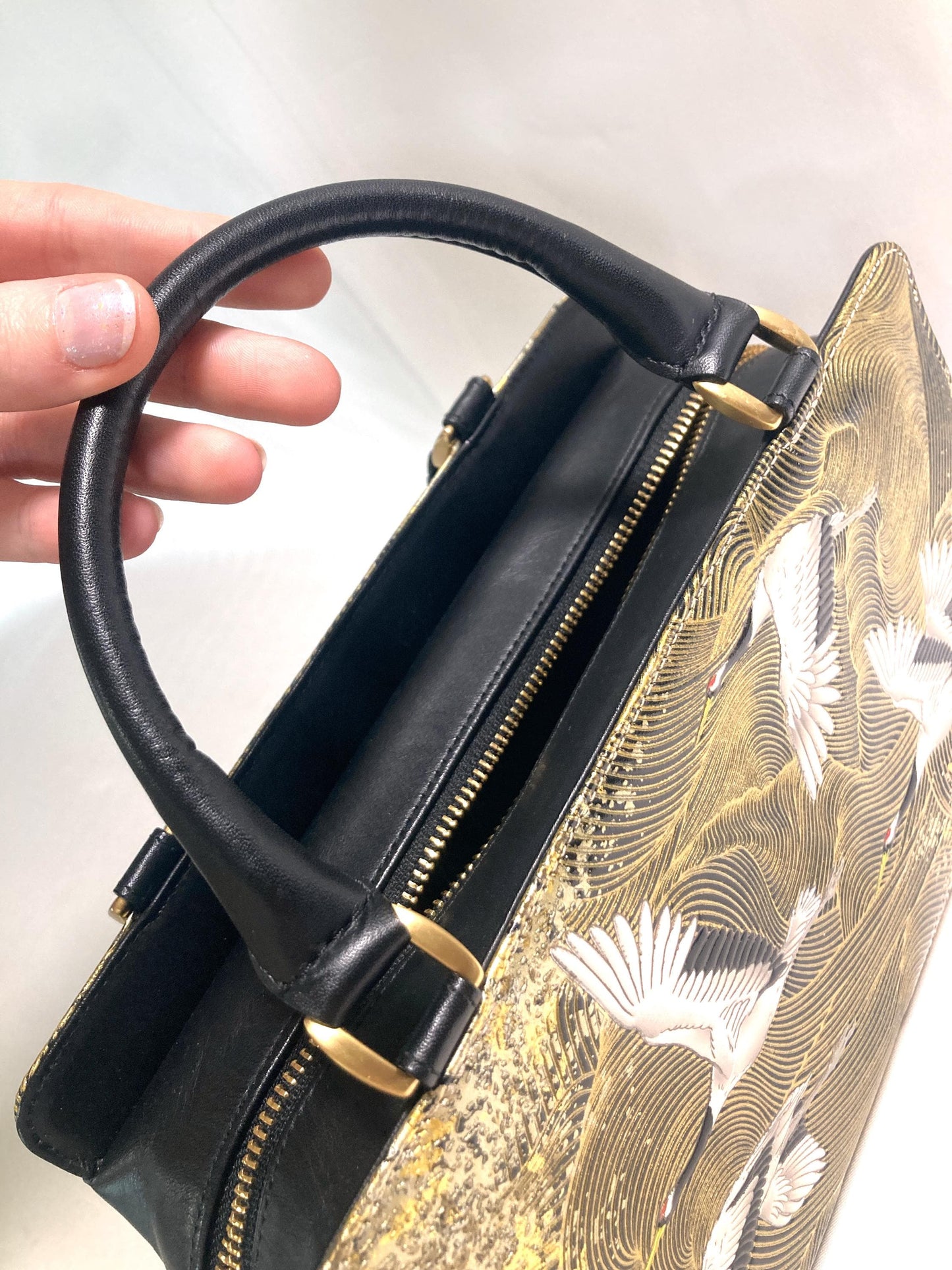 Vintage kimono handbag - synthetic black leather with textured golden cranes pattern