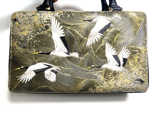 Vintage kimono handbag - synthetic black leather with textured golden cranes pattern