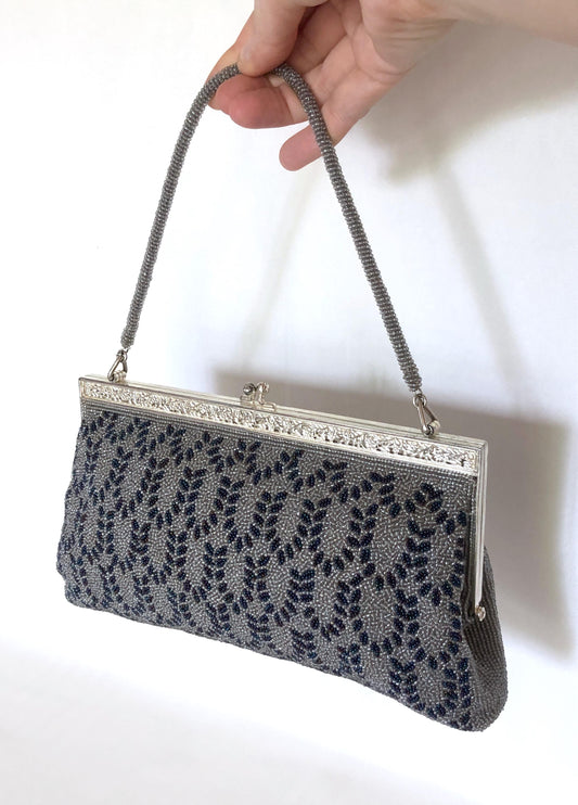 Vintage kimono handbag - beaded light gray and blue motif
