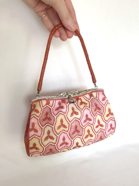 Vintage beaded kimono handbag - geometric coral, pink, and cream