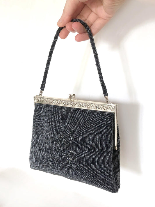 Vintage kimono handbag - beaded steel/black acanthus leaves