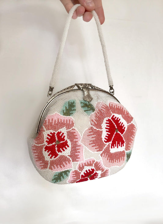 Mini vintage kimono handbag - beaded white and pink flowers