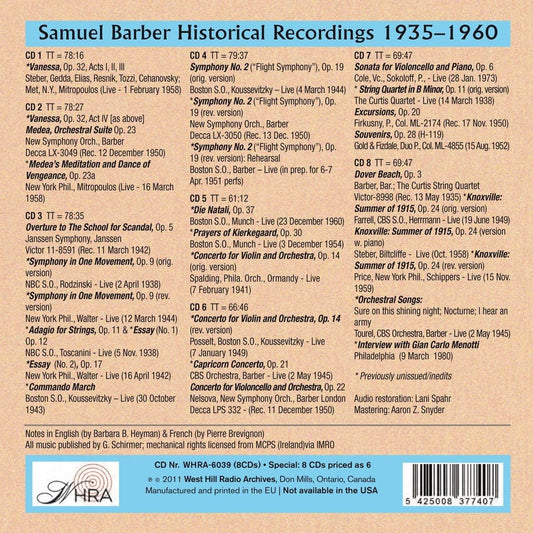 Samuel Barber: Historical Recordings 1935-1960 8+1 CD Box (includes a 9th CD)