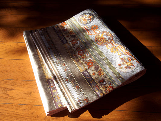 Fukuro Obi – brushed silver with mandarin ducks pattern